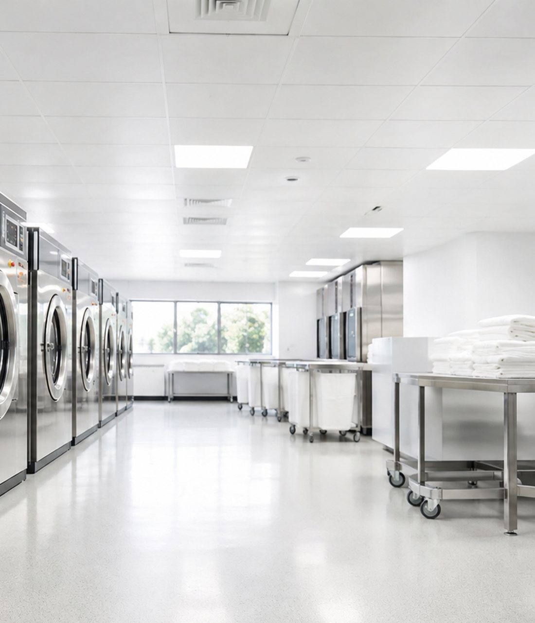 Atelier de blanchisserie professionnelle : laveuses grande capacité et linge plié en zone propre