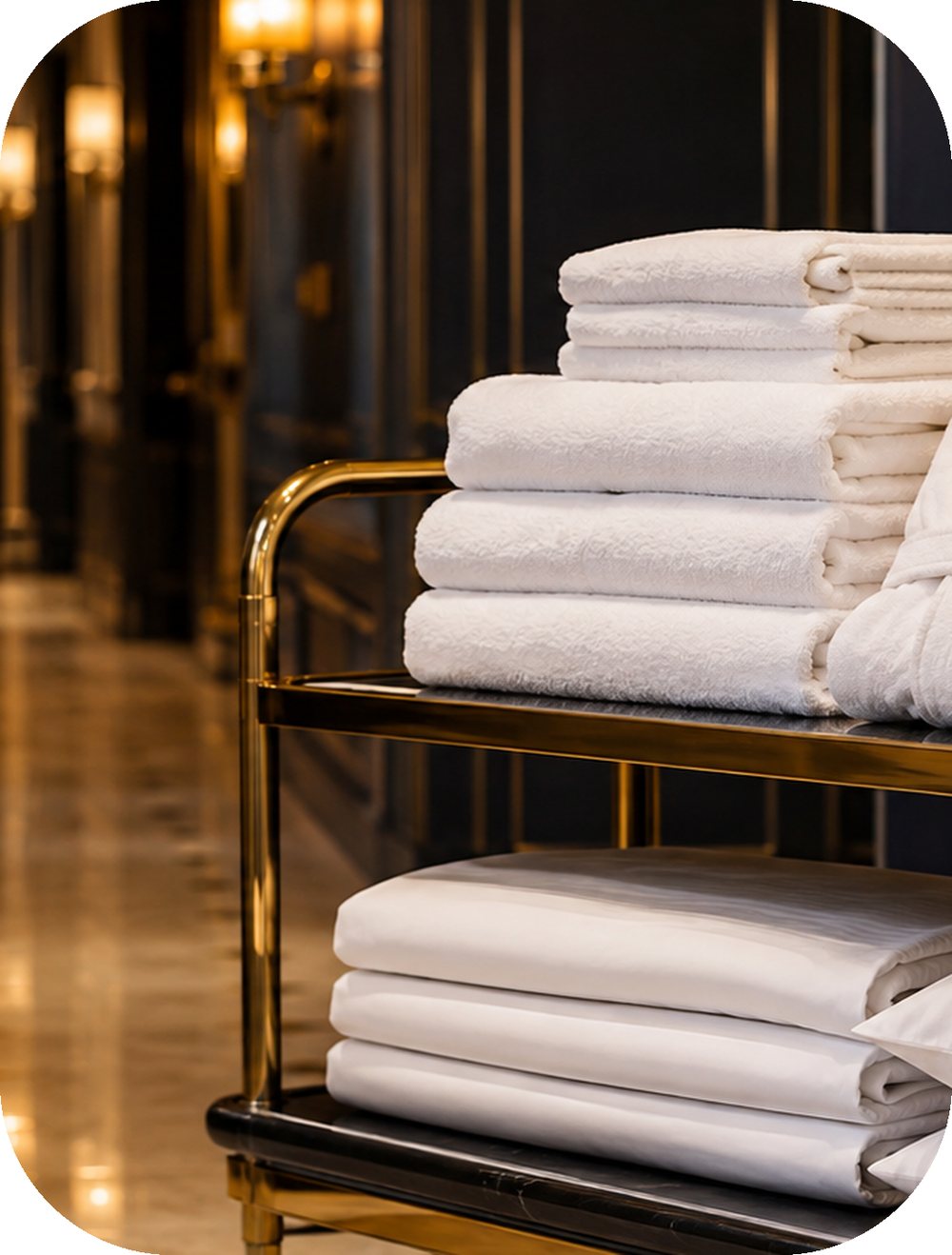 Chariot de linge d’étage chargé de serviettes et de draps pliés dans un couloir d’hôtel