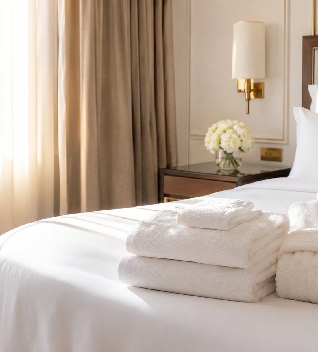 Serviettes blanches pliées sur un lit fait dans une suite d’hôtel, linge traité par IT’s Clean à Tanger
